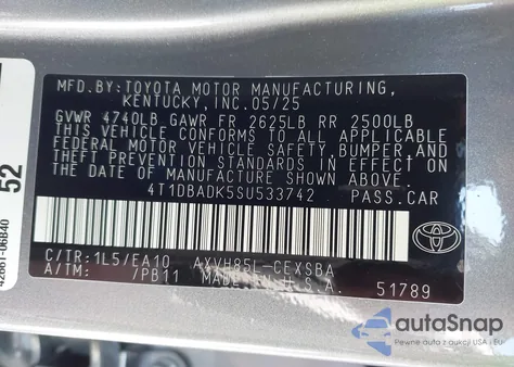 2025 Toyota Camry Se z USA, uszkodzony, nr VIN 4T1DBADK5SU533742